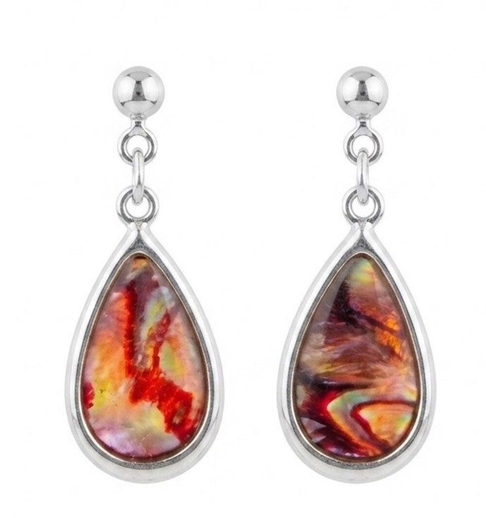 Iridescent Ammolite Earrings Red/Orange Color Changers, Teardrop Shape Boho Chic